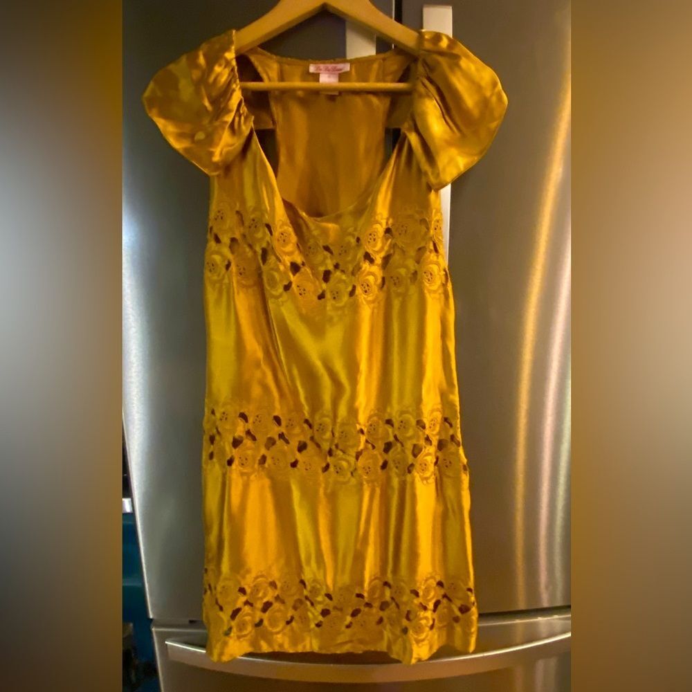 Anthropologie Mustard Satin Eyelet Puff-Sleeve Mini Dress